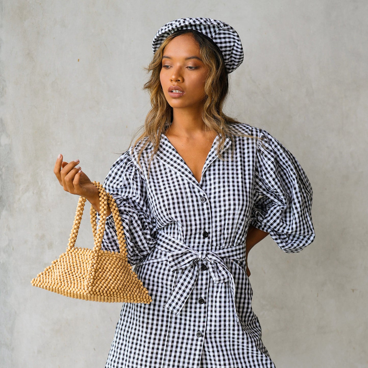 Pyramid Beaded Tote Bag in Toasted Beige